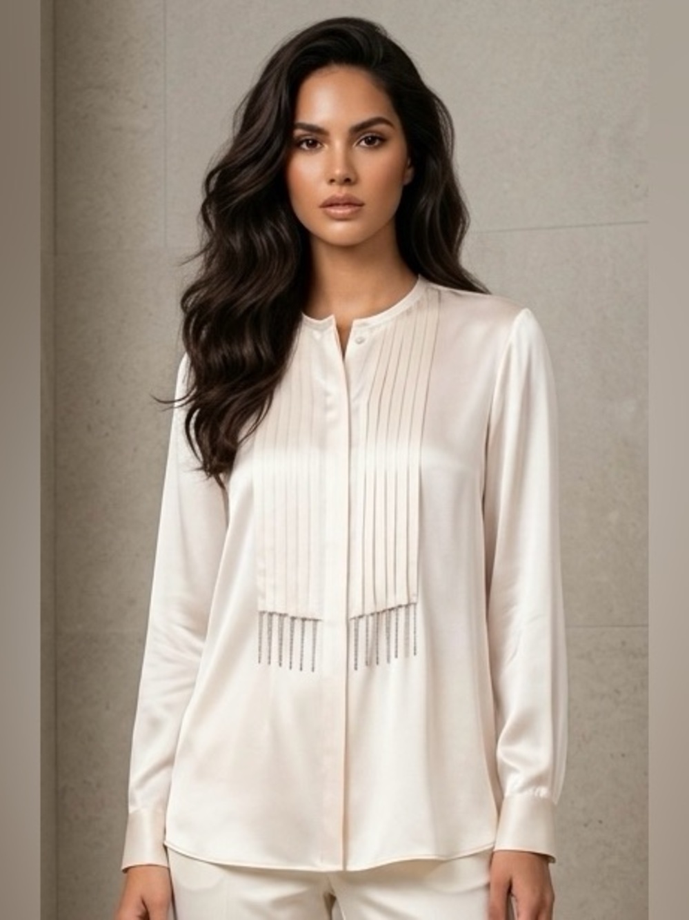 Elie Tahari Cream Silk Blend Pintuck Pleated Blouse Metallic Chain Fringe-Small